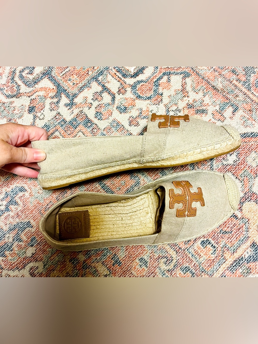 Tory Burch Beige Canvas Weston Espadrille Flats with Tan Logo - Picture 6 of 9